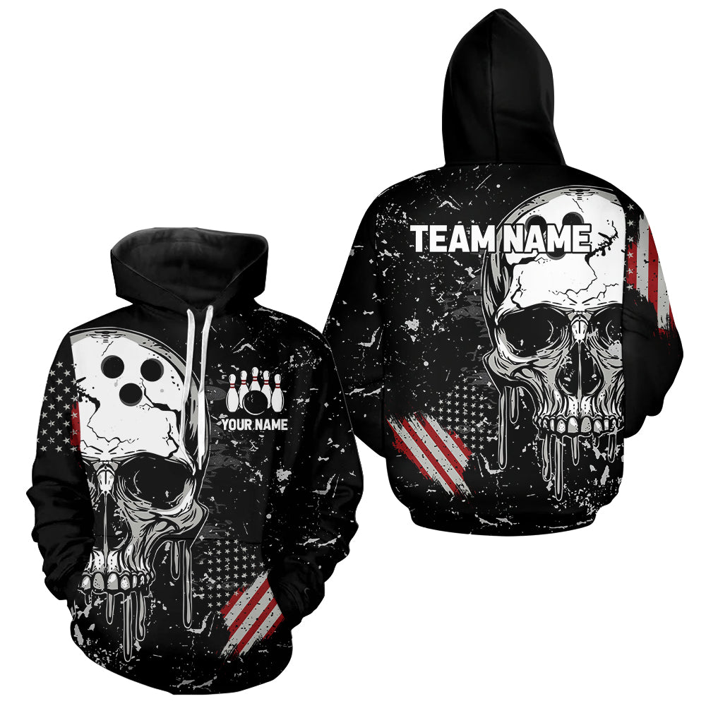 Custom Vintage American Flag Patriotic Bowling Men And Women Hoodie Shirts, Skull Bowling Team Shirt IPHW7083