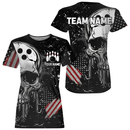 Custom Vintage American Flag Patriotic Bowling Women T-Shirts, Skull Bowling Team IPHW7083