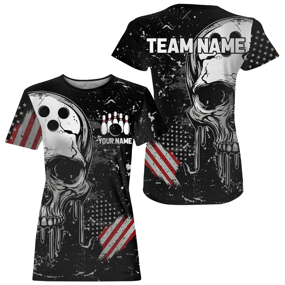 Custom Vintage American Flag Patriotic Bowling Women T-Shirts, Skull Bowling Team IPHW7083