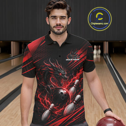 Custom Black And Red Flame Dragon Bowling Jersey, Dragon Bowling Men Polo Shirt IPHW11833