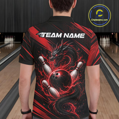 Custom Black And Red Flame Dragon Bowling Jersey, Dragon Bowling Men Polo Shirt IPHW11833