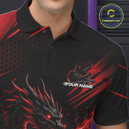 Custom Black And Red Flame Dragon Bowling Jersey, Dragon Bowling Men Polo Shirt IPHW11833