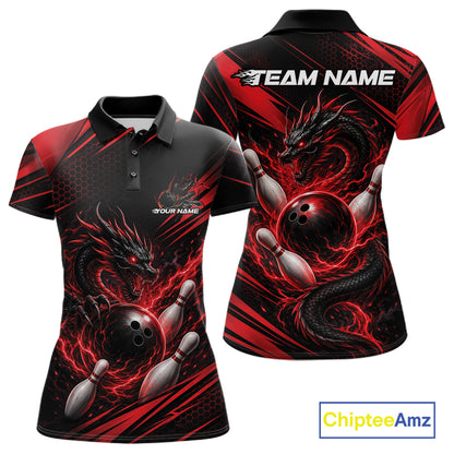 Custom Black And Red Flame Dragon Bowling Jersey, Dragon Bowling Women Polo Shirt IPHW11833