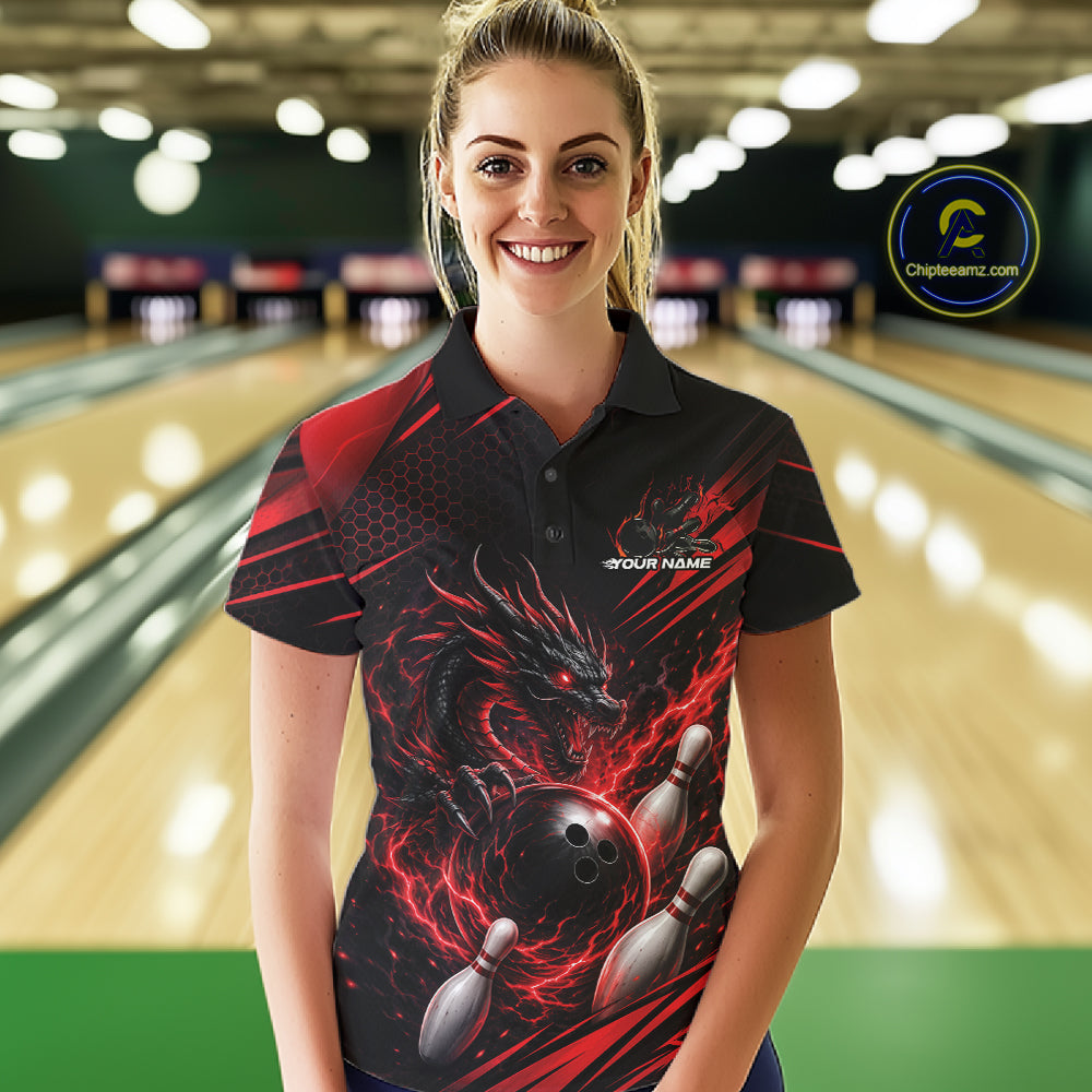 Custom Black And Red Flame Dragon Bowling Jersey, Dragon Bowling Women Polo Shirt IPHW11833
