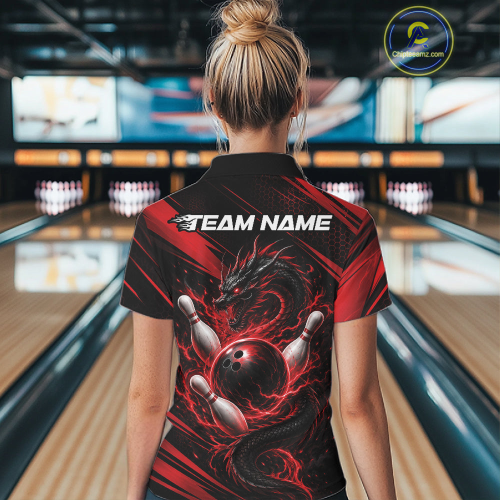Custom Black And Red Flame Dragon Bowling Jersey, Dragon Bowling Women Polo Shirt IPHW11833
