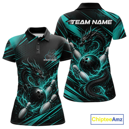 Custom Turquoise Blue Flame Dragon Bowling Jersey, Dragon Bowling Women Polo Shirt IPHW11834