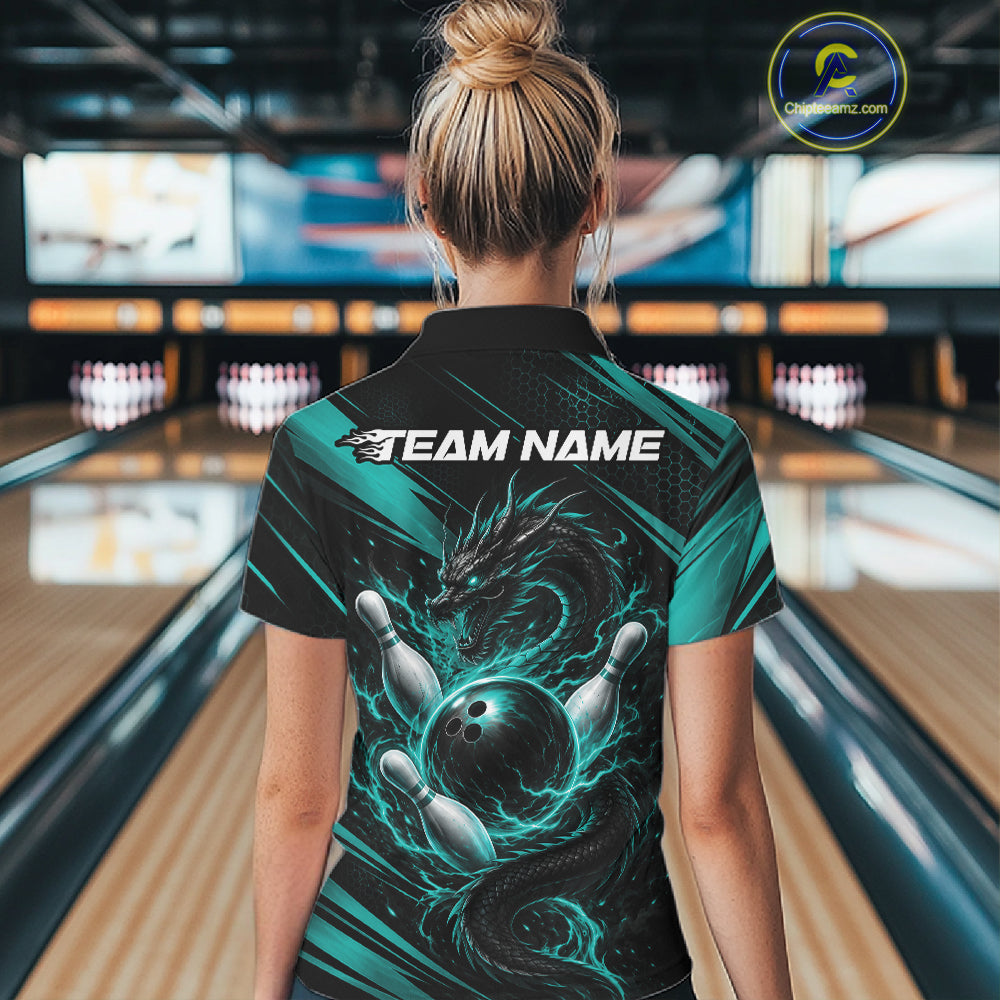 Custom Turquoise Blue Flame Dragon Bowling Jersey, Dragon Bowling Women Polo Shirt IPHW11834