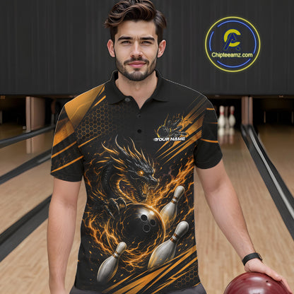 Custom Black And Yellow Flame Dragon Bowling Jersey, Dragon Bowling Men Polo Shirt IPHW11835