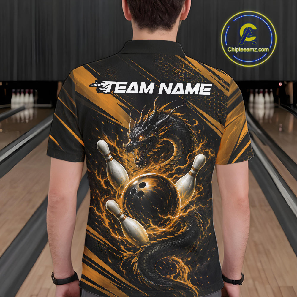 Custom Black And Yellow Flame Dragon Bowling Jersey, Dragon Bowling Men Polo Shirt IPHW11835