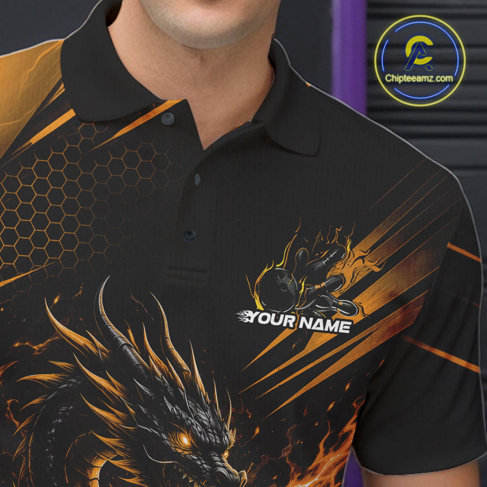Custom Black And Yellow Flame Dragon Bowling Jersey, Dragon Bowling Men Polo Shirt IPHW11835