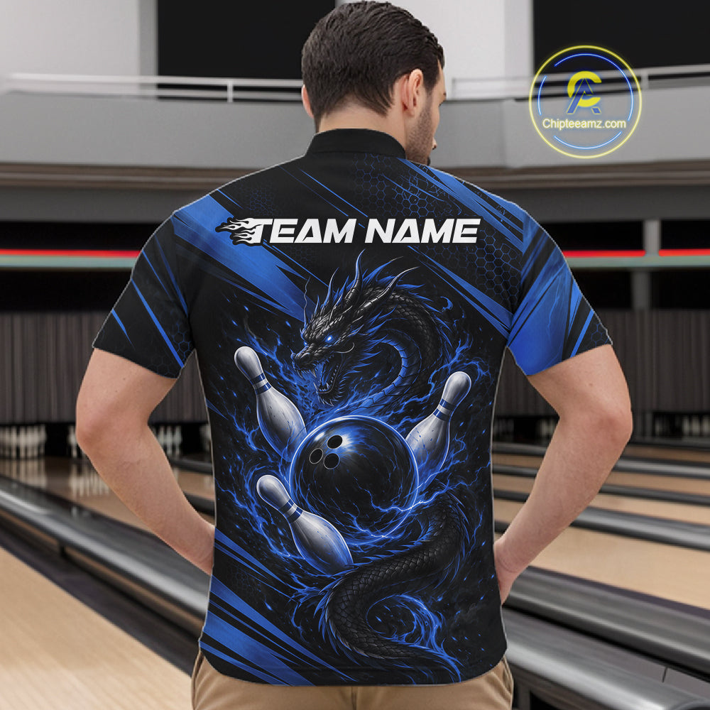 Custom Black And Blue Flame Dragon Bowling Jersey, Dragon Bowling Men Quarter Zip Shirt IPHW11837