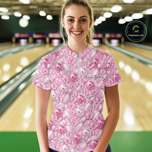 Custom Pink Butterfly Bowling Women Quarter-Zip Shirt, Ladies Bowlers Outfit IPHW10931