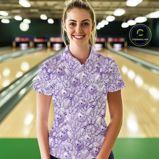 Custom Blue Butterfly Bowling Women Polo Shirt, Ladies Bowlers Outfit IPHW10932