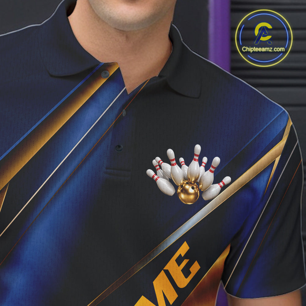 Custom Blue And Gold Stripes Men Bowling Polo Shirt, Golden Bowling Team Jerseys IPHW11610
