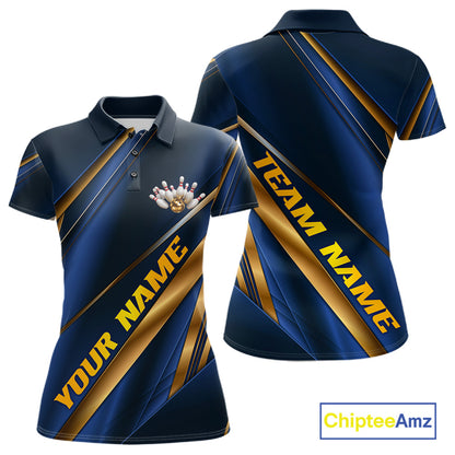 Custom Blue And Gold Stripes Women Bowling Polo Shirt, Golden Bowling Team Jerseys IPHW11610