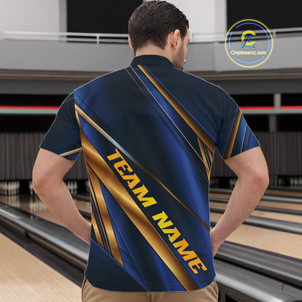 Custom Blue And Gold Stripes Men Bowling Quarter Zip Shirt, Golden Bowling Team Jerseys IPHW11610