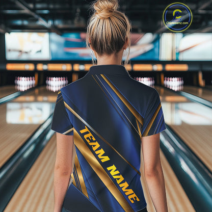 Custom Blue And Gold Stripes Women Bowling Quarter-Zip Shirt, Golden Bowling Team Jersey IPHW11610