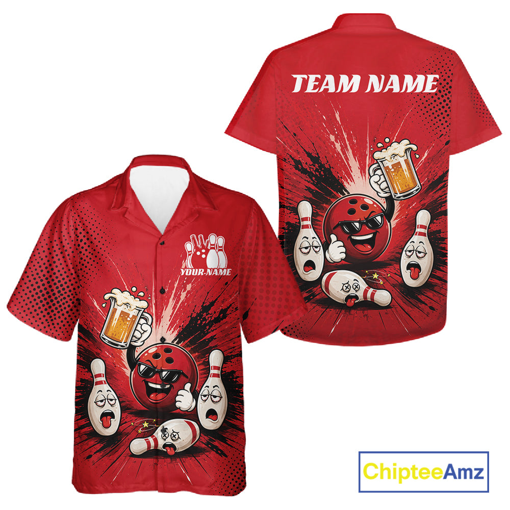 Custom Funny Beer Pitcher Bowling Men And Women Button Up Shirt, Red Bowling Party Shirt IPHW11853