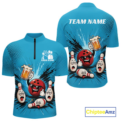 Custom Funny Beer Pitcher Bowling Men Quarter Zip Shirt, Blue Bowling Party Shirt IPHW11854