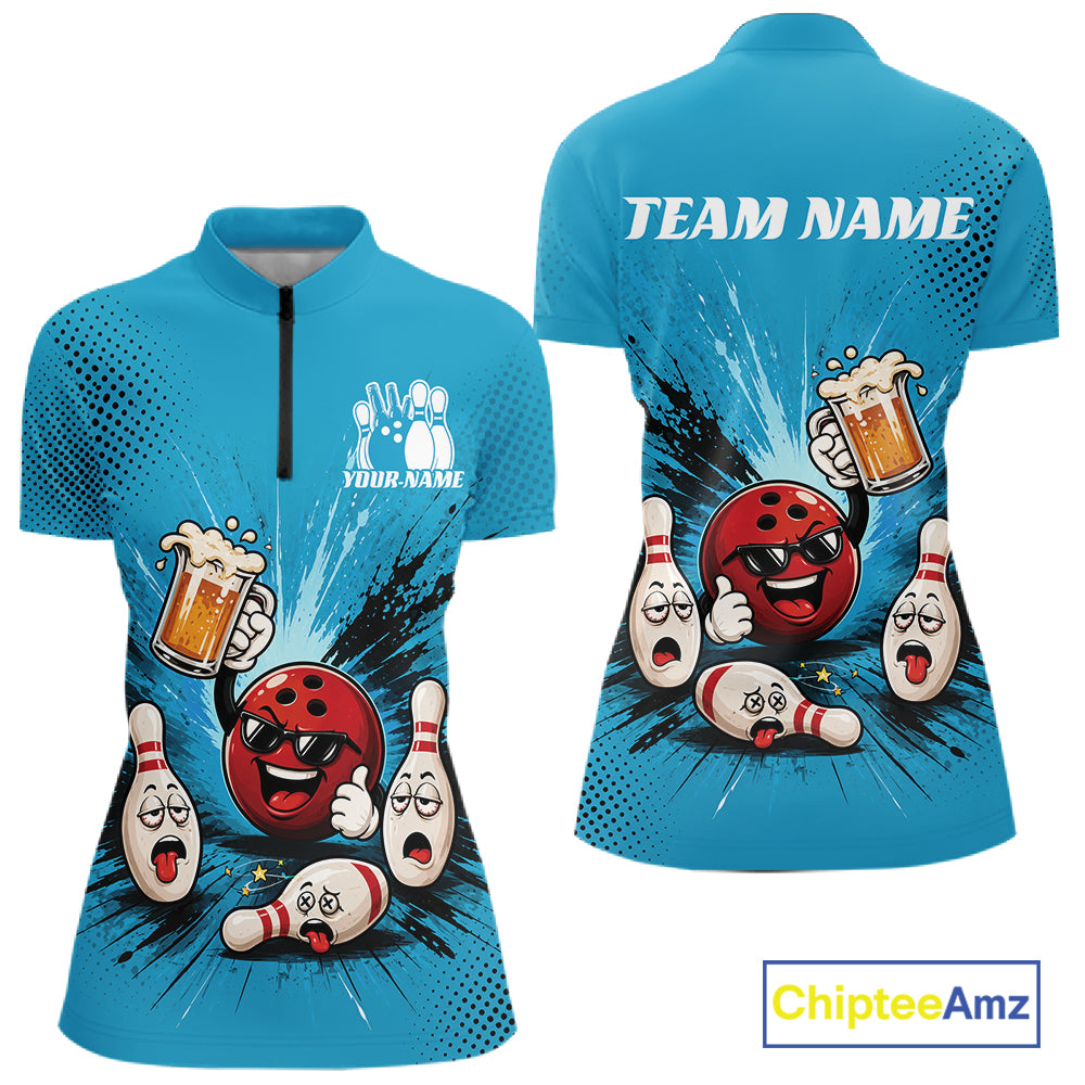 Custom Funny Beer Pitcher Bowling Women Quarter-Zip Shirt, Blue Bowling Party Shirt IPHW11854