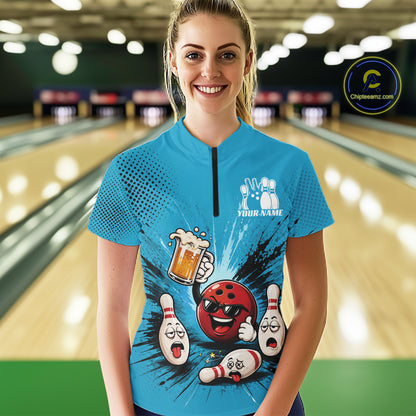 Custom Funny Beer Pitcher Bowling Women Quarter-Zip Shirt, Blue Bowling Party Shirt IPHW11854