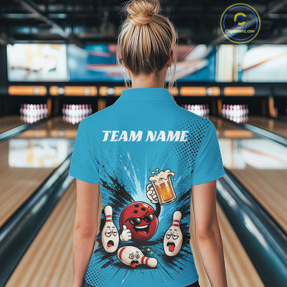 Custom Funny Beer Pitcher Bowling Women Quarter-Zip Shirt, Blue Bowling Party Shirt IPHW11854