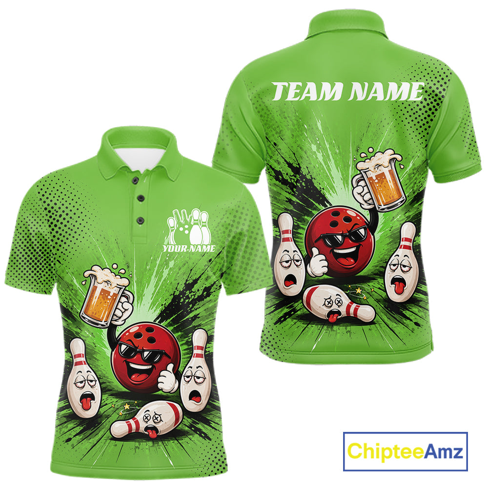 Custom Funny Beer Pitcher Bowling Men Polo Shirt, Green Bowling Party Shirt IPHW11855
