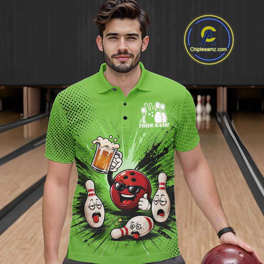 Custom Funny Beer Pitcher Bowling Men Polo Shirt, Green Bowling Party Shirt IPHW11855