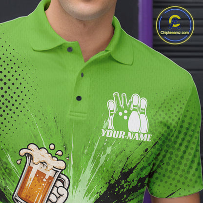 Custom Funny Beer Pitcher Bowling Men Polo Shirt, Green Bowling Party Shirt IPHW11855