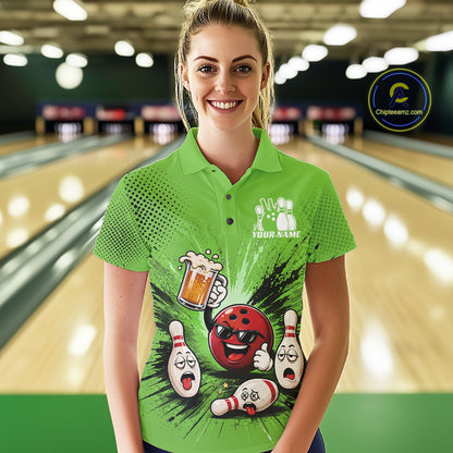 Custom Funny Beer Pitcher Bowling Women Polo Shirt, Green Bowling Party Shirt IPHW11855