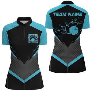 Black And Blue Custom Vintage Ladies Bowling Shirts, Classic Bowling League Shirt For Team IPHW7705