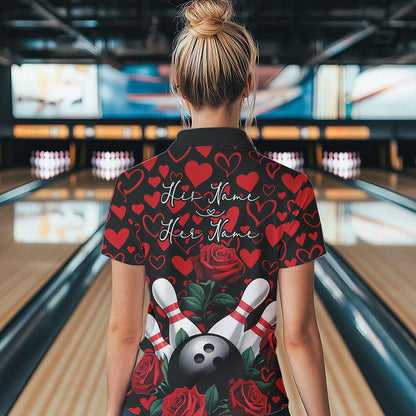Black And Red Heart Theme Custom Valentines Bowling Polo Shirt For Women, Couple Bowling Shirt IPHW8356