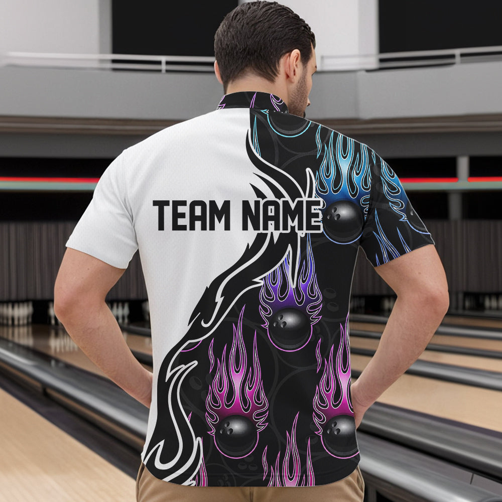 Pink Purple Blue Flame Ball Custom Bowling Team Men Quarter-Zip Shirts, Fire Bowling League Shirt IPHW8864