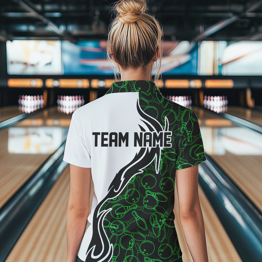 Black And Green Bowling Pattern Custom Bowling Team Women Polo Shirts, Bowling League Shirt IPHW8867