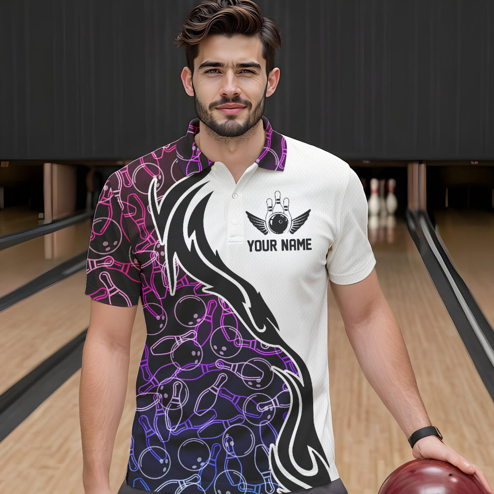 Blue Purple Pink Bowling Pattern Custom Bowling Team Men Polo Shirts, Bowling League Shirt IPHW8869