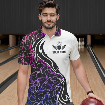 Blue Purple Pink Bowling Pattern Custom Bowling Team Men Polo Shirts, Bowling League Shirt IPHW8869