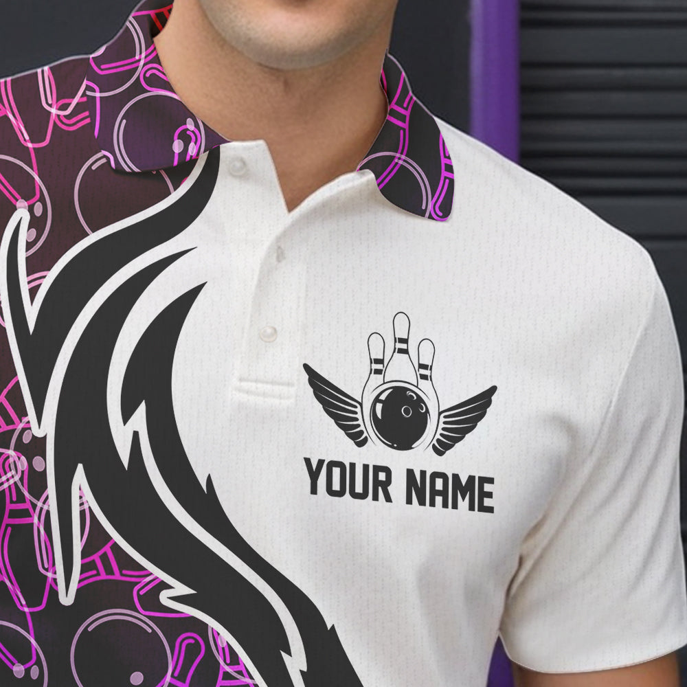 Blue Purple Pink Bowling Pattern Custom Bowling Team Men Polo Shirts, Bowling League Shirt IPHW8869