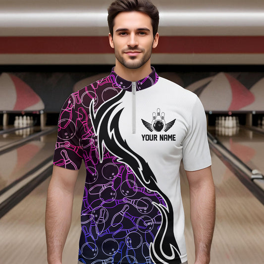 Blue Purple Pink Bowling Pattern Custom Bowling Team Men Quarter-Zip Shirts, Bowling League Shirt IPHW8869