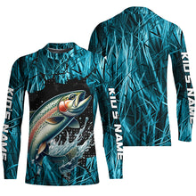 Load image into Gallery viewer, Rainbow Trout Fishing Custom Long Sleeve Tournament Shirts, Trout Fly Fishing Jerseys | Blue Camo IPHW6360