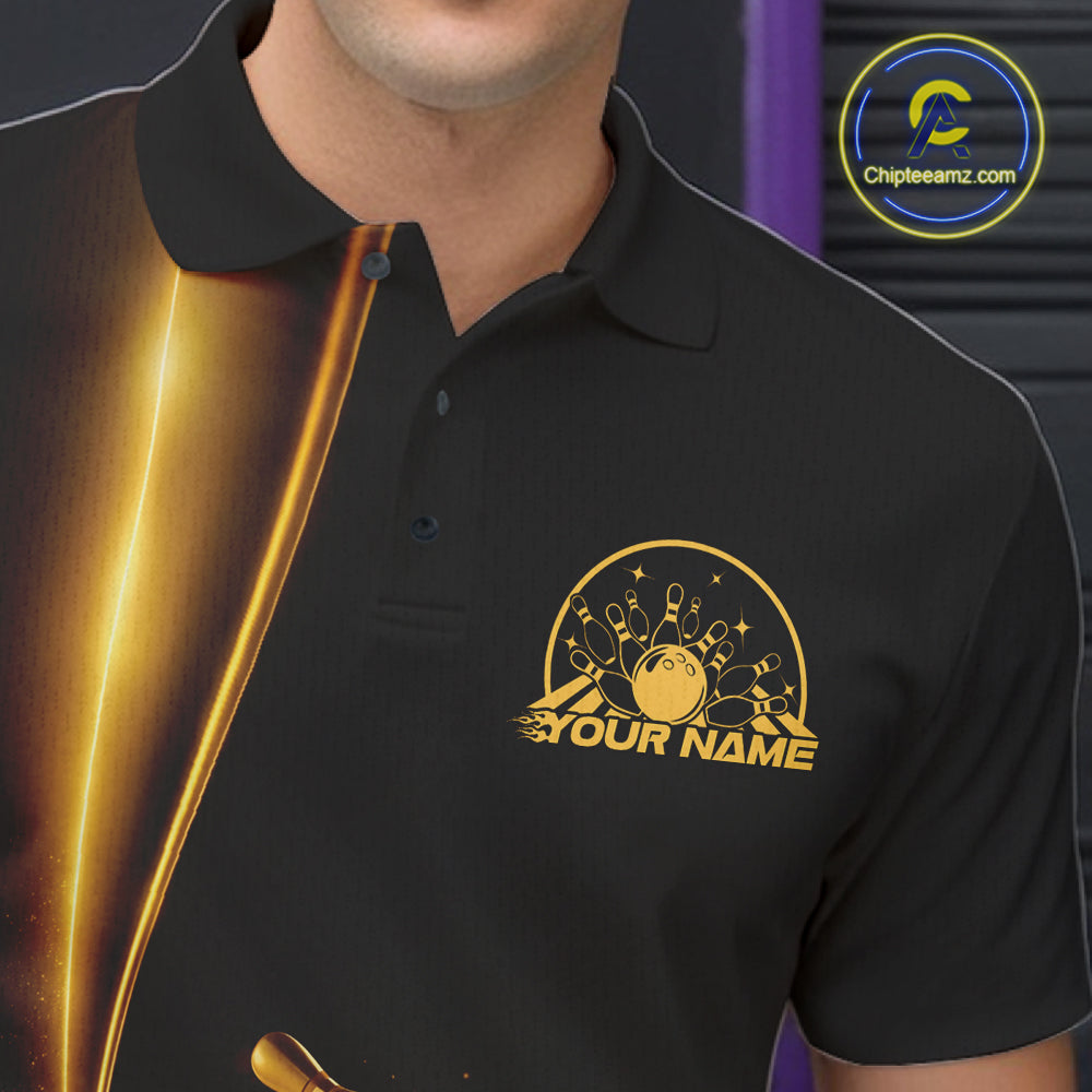Close up left chest of bowling polo shirt, black fabric featuring golden bowling ball and pins emblem, detailed apparel branding perspective