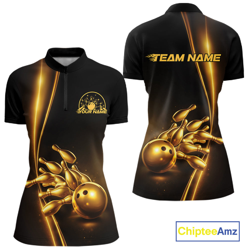 Front and back view of a womens bowling quarter-zip shirt mockup in black featuring a golden bowling ball and pins design with elegant sporty graphics.