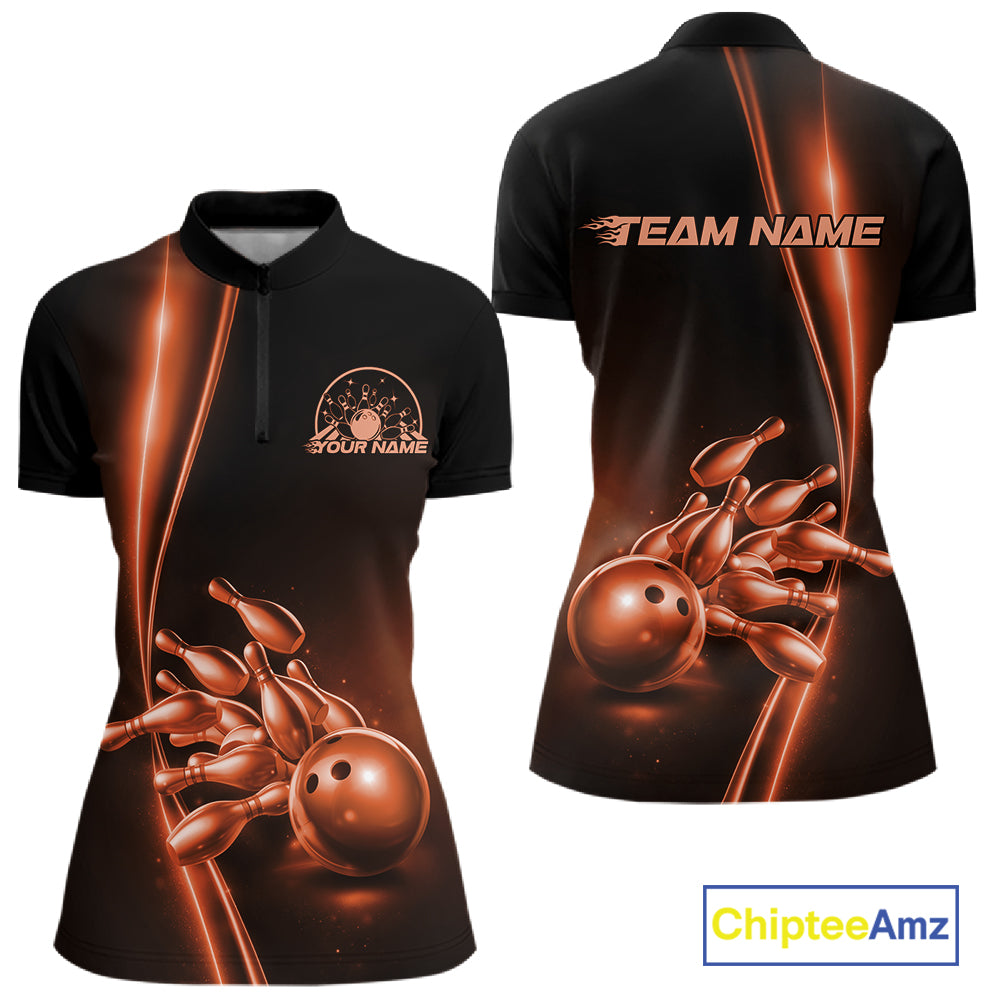 Front and back view of a womens black bowling quarter-zip shirt mockup featuring an orange bowling ball and pins design with modern athletic styling.