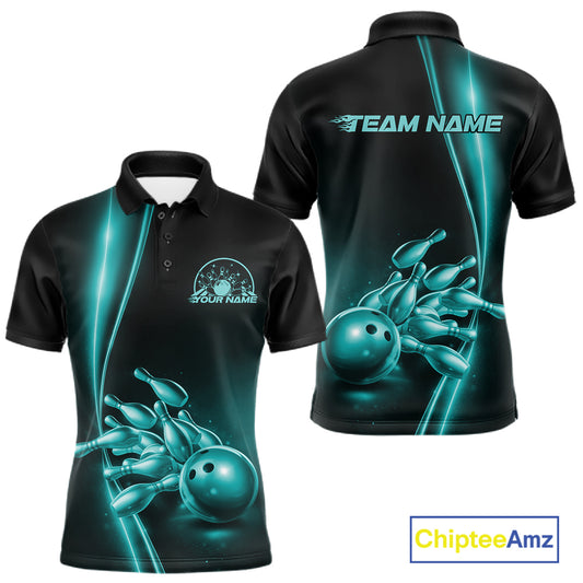 Front and back view mens bowling polo shirt mockup, black base with turquoise blue bowling ball and pins graphic, studio product presentation