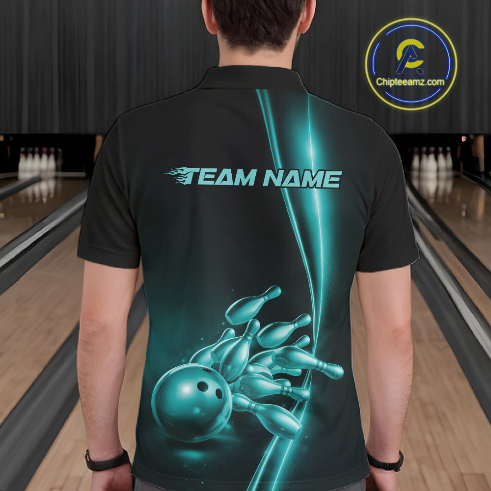 Bowling lane back view male model wearing bowling polo shirt, black base with turquoise blue bowling ball and pins graphic, promotional sports atmosphere