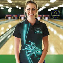 Load image into Gallery viewer, Custom Black And Turquoise Blue Bowling Women Polo Shirt, Bowling Tournament Shirt Outfit IPHW11249