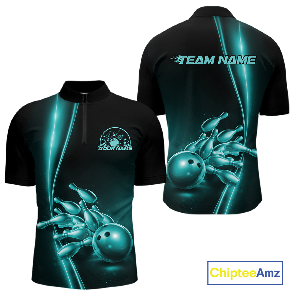 Front and back view of a mens black bowling quarter-zip shirt mockup featuring turquoise blue bowling ball and pins design with clean athletic graphics.