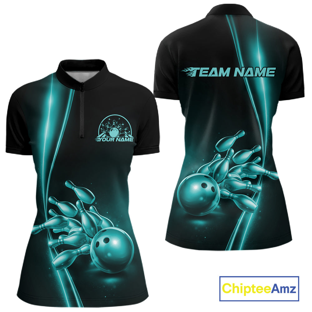 Front and back view of a womens black bowling quarter-zip shirt mockup featuring a turquoise blue bowling ball and pins design with clean sporty styling.