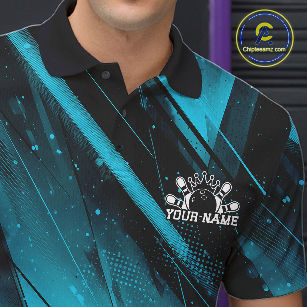 Black and blue polo shirt with a bowling design and 'Your Name' text, brand logo visible.