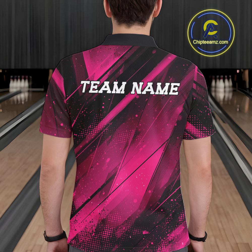 Person wearing a pink and black bowling shirt with 'TEAM NAME' text in a bowling alley.