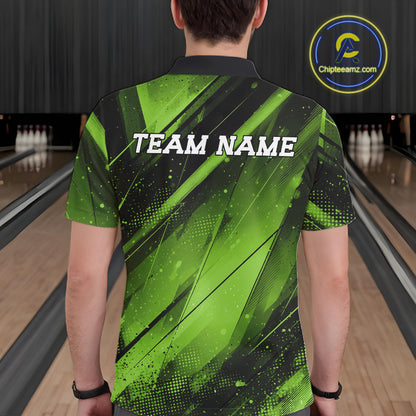Person wearing a green and black bowling shirt with 'TEAM NAME' text on a bowling alley background.